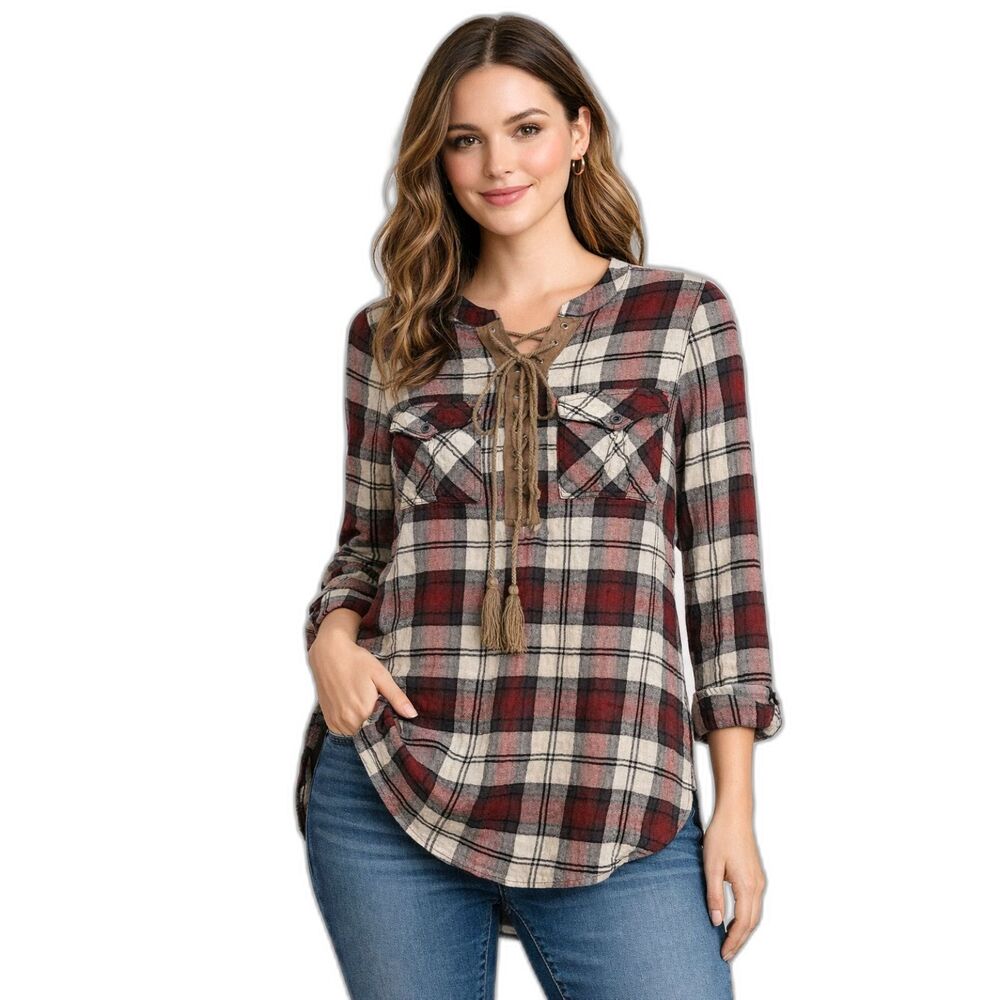 Angie Plaid Lace-Up Tunic Top Women’s Size S Red Cream Long Sleeve Western Boho